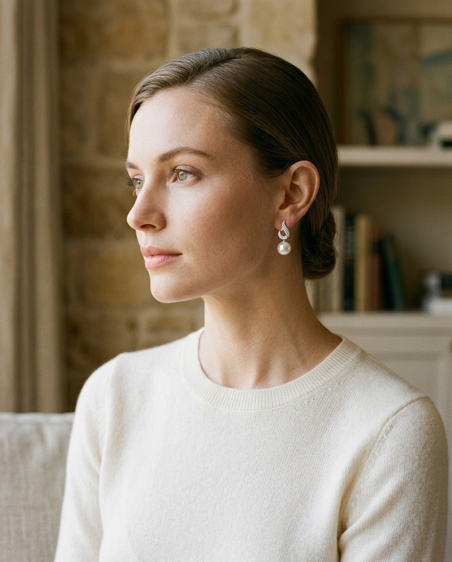 Freshwater Pearl and Diamond Heart Earrings in 14k White Gold 1/8ctw — portrait close