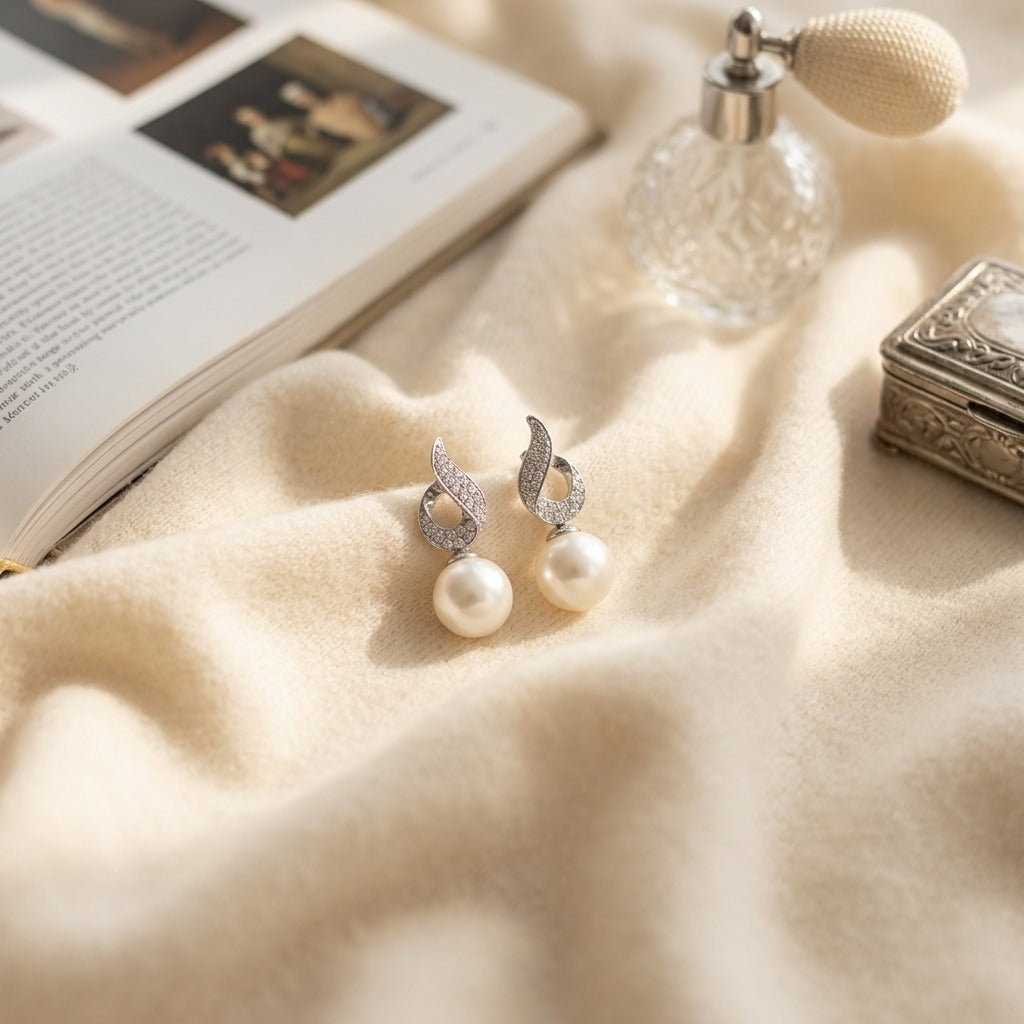 Freshwater Pearl and Diamond Heart Earrings in 14k White Gold 1/8ctw — textile flat lay