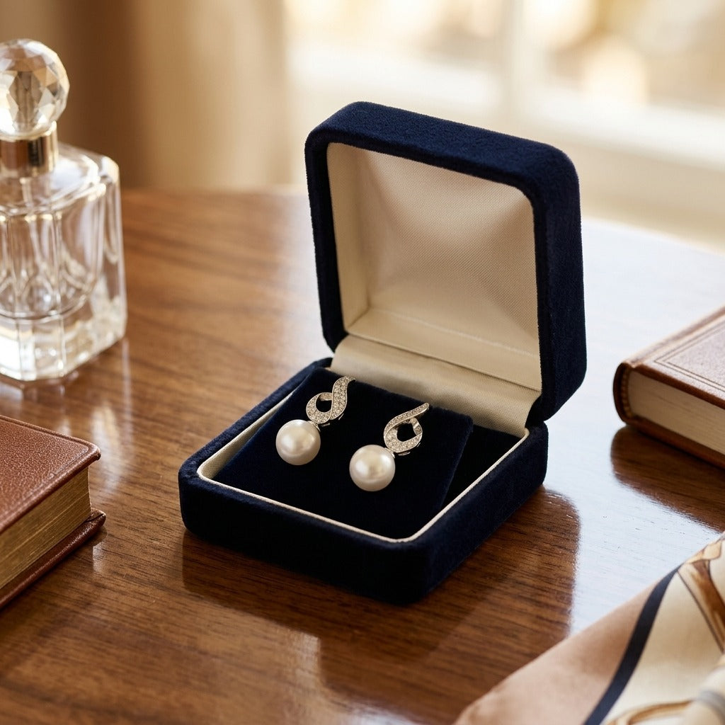 Freshwater Pearl and Diamond Heart Earrings in 14k White Gold 1/8ctw — velvet box
