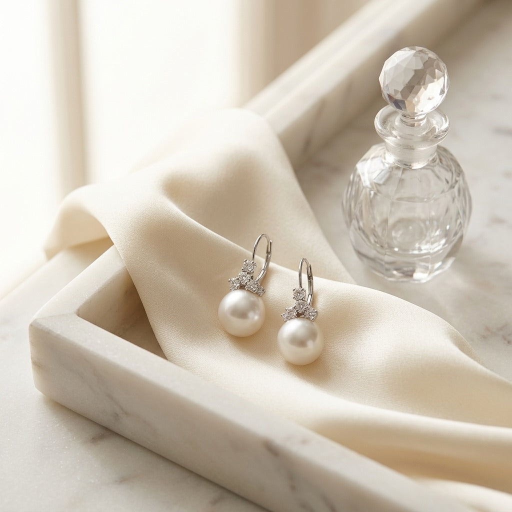Freshwater Pink Pearl and Diamond Leverback Earrings in 14k White Gold 1/2ctw — marble silk