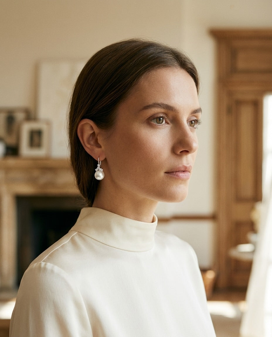Freshwater Pink Pearl and Diamond Leverback Earrings in 14k White Gold 1/2ctw — portrait close