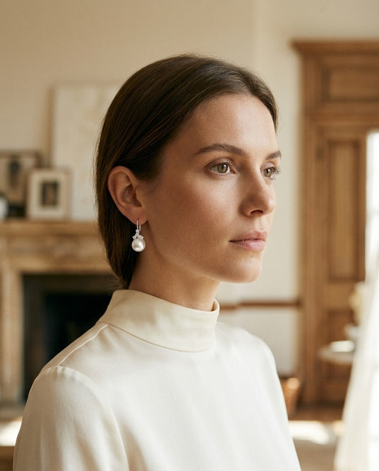Freshwater Pink Pearl and Diamond Leverback Earrings in 14k White Gold 1/2ctw — portrait close