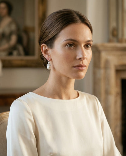 Freshwater Pink Pearl and Diamond Leverback Earrings in 14k White Gold 1/2ctw — portrait full