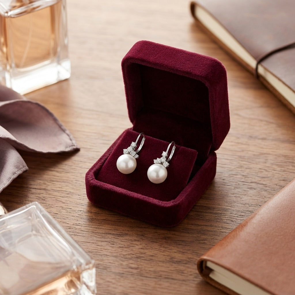 Freshwater Pink Pearl and Diamond Leverback Earrings in 14k White Gold 1/2ctw — velvet box