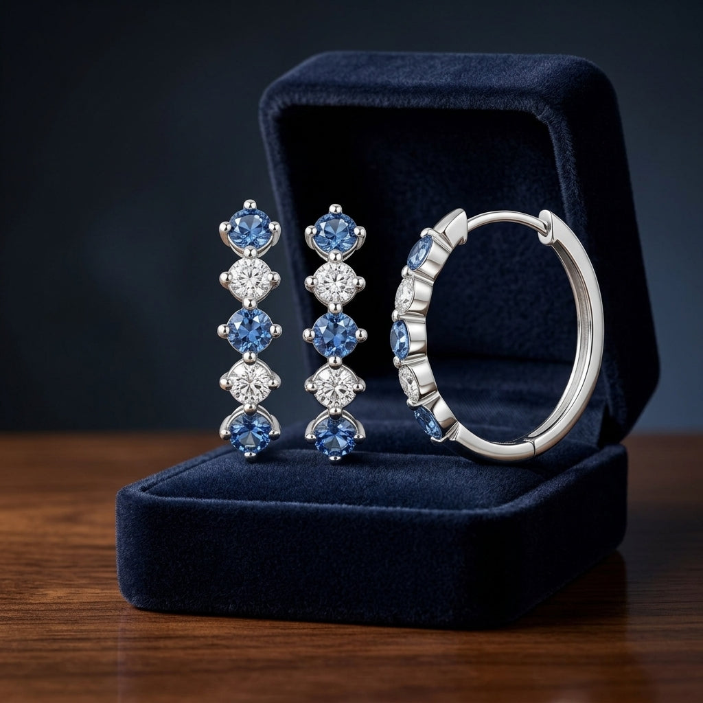 0.77ctw Blue Sapphire & 5/8ctw Diamond Hoop Earring in 14K White Gold - presentation