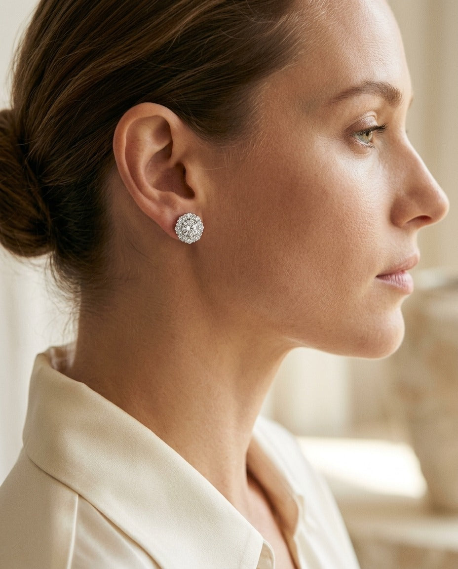 Diamond Halo Stud Earrings in 14k White Gold 1-1/3ctw — portrait close