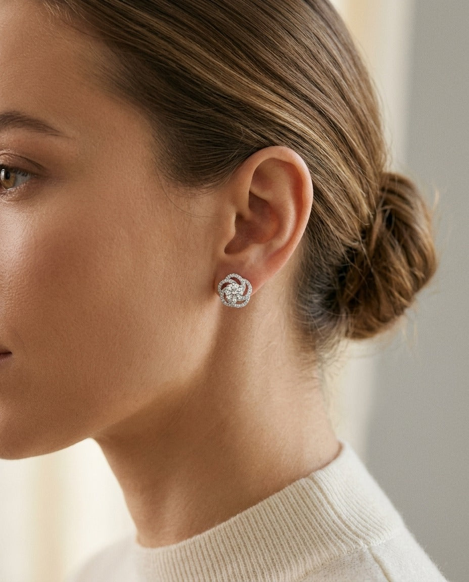 Diamond Floral Earrings in 14k White Gold 1ctw — portrait close