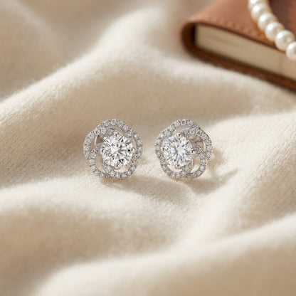 Diamond Floral Earrings in 14k White Gold 1ctw — textile flat lay
