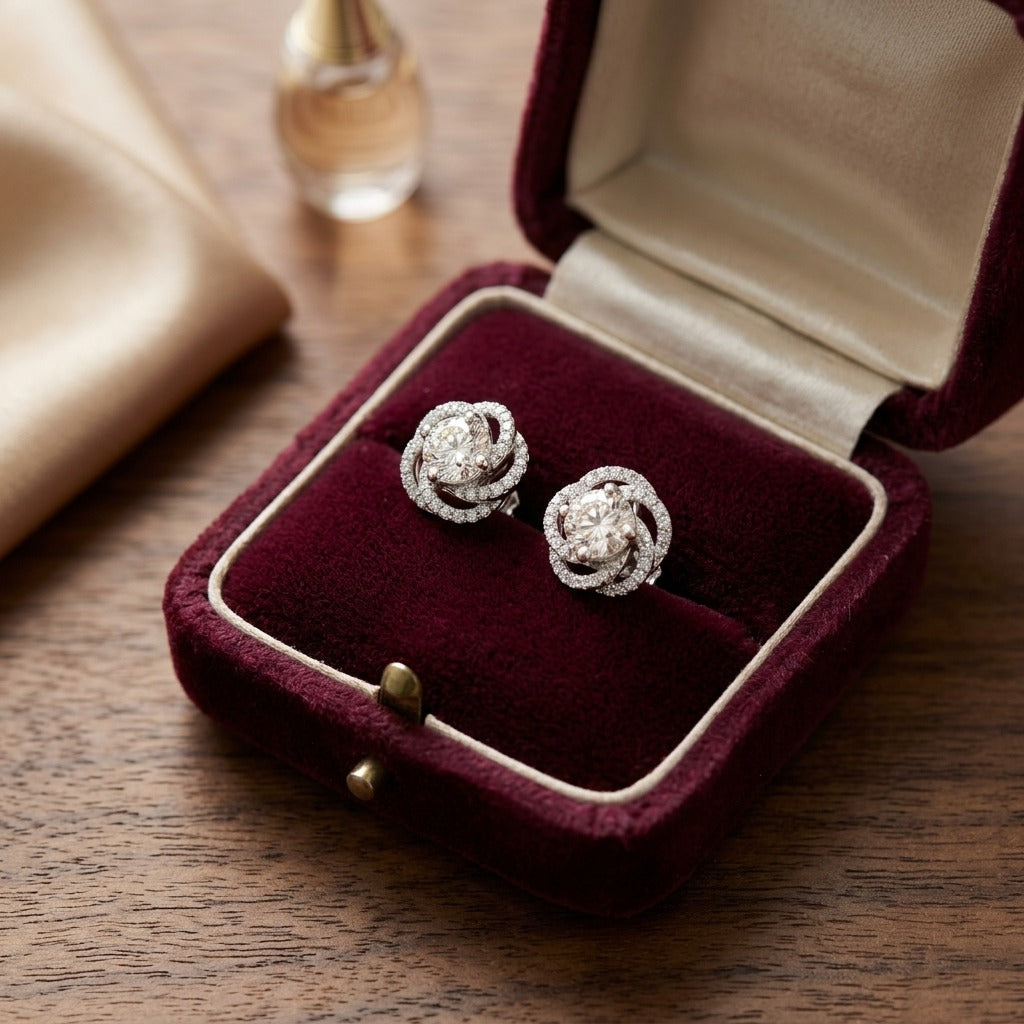Diamond Floral Earrings in 14k White Gold 1ctw — velvet box