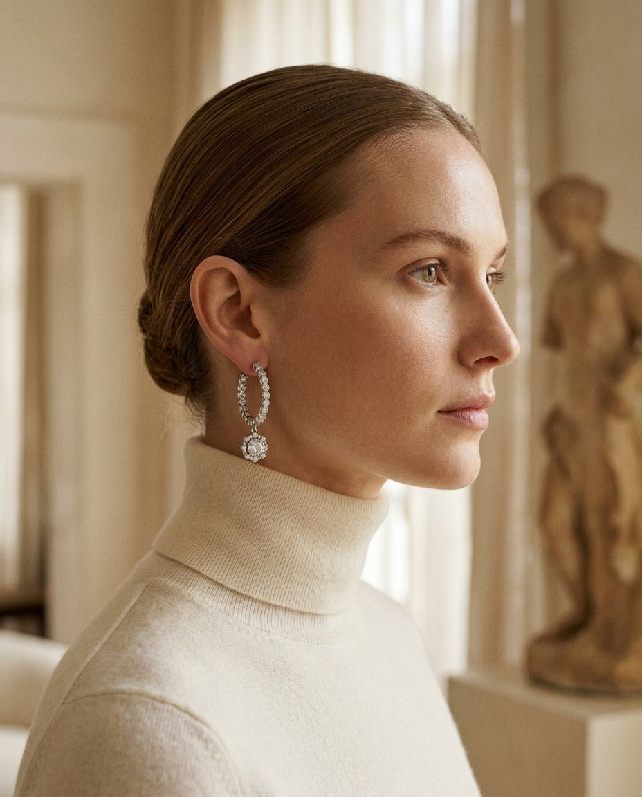 Diamond Dangle Halo Earrings in 14k White Gold 1-1/2ctw Round Brillliant Diamonds — portrait close