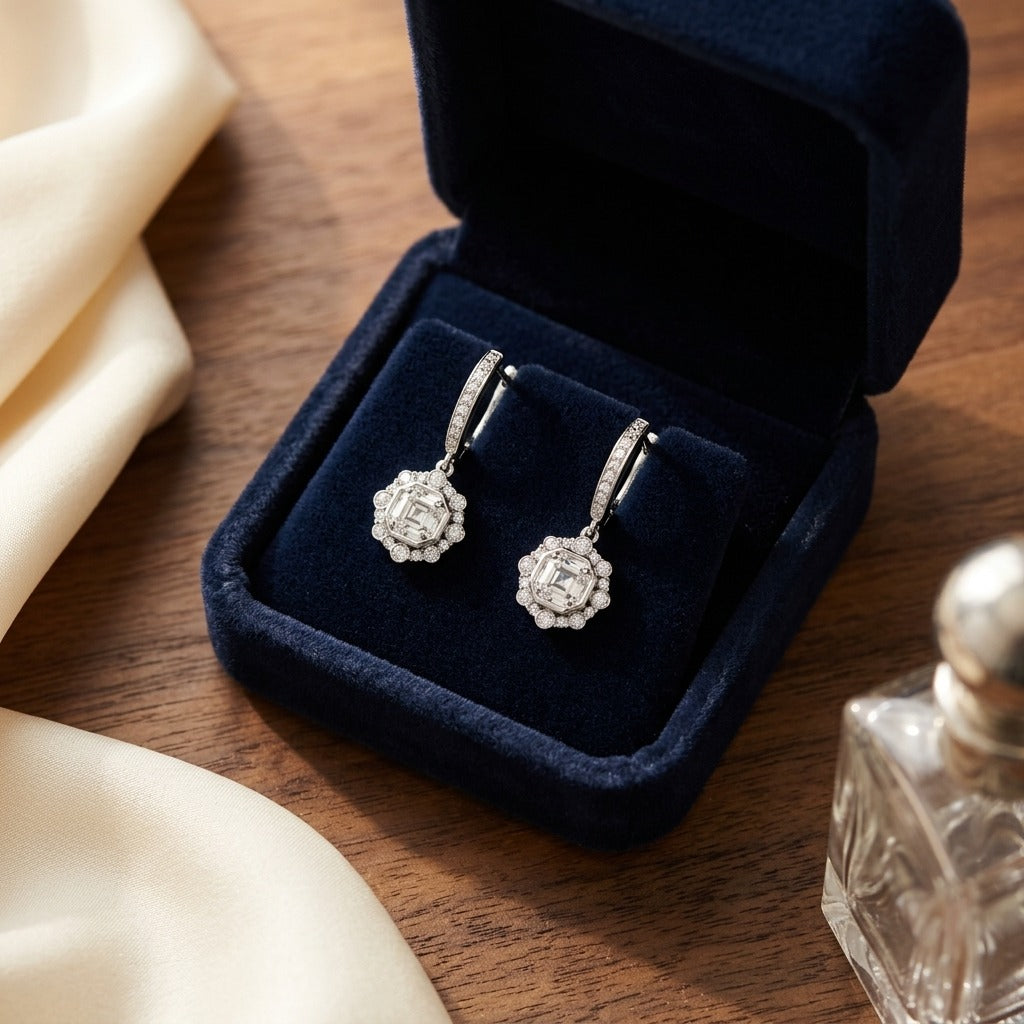 Diamond Dangle Halo Earrings in 14k White Gold 1-1/2ctw Round Brillliant Diamonds — velvet box