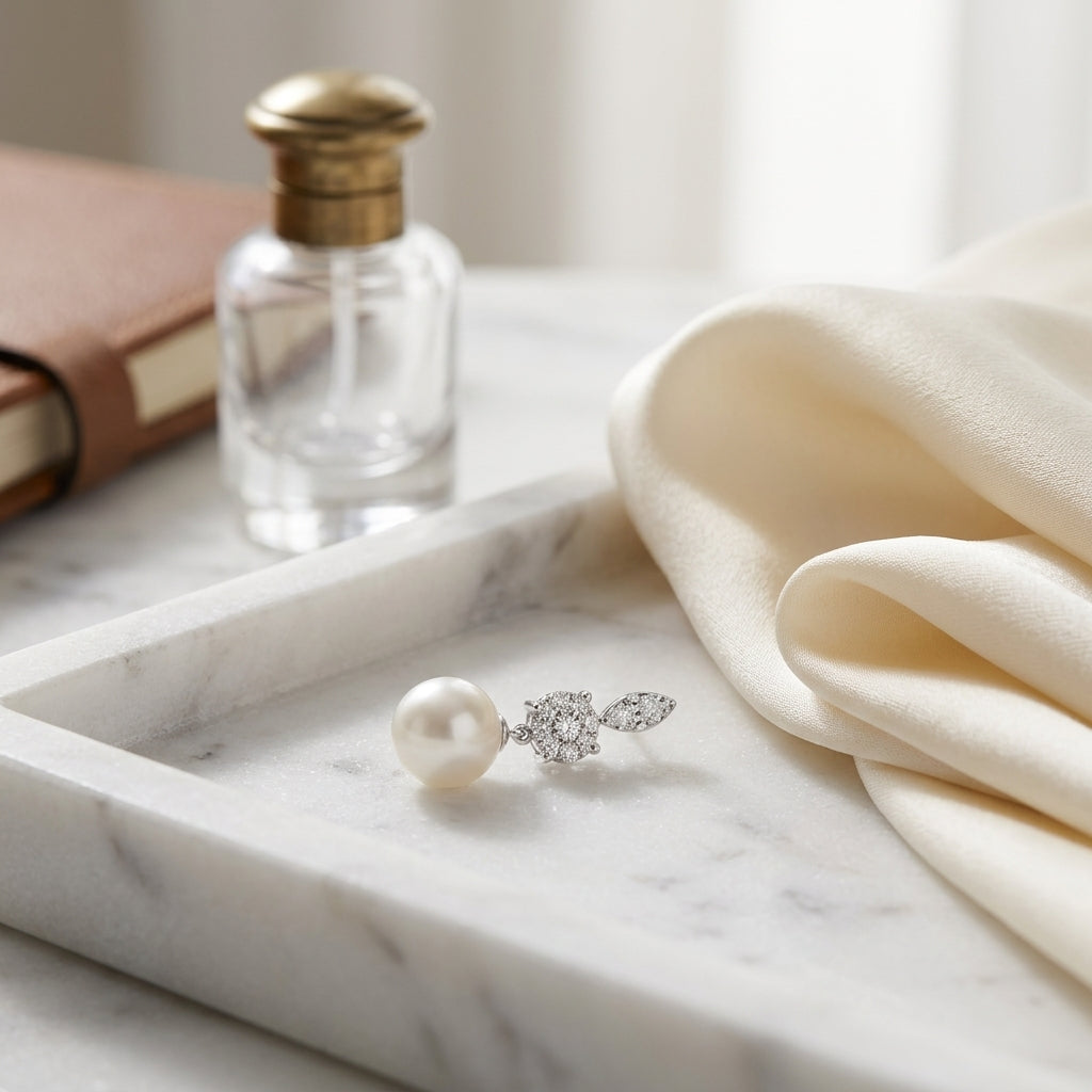Akoya Pearl & Diamond Dangle Earrings 3/8ctw in 14K White Gold - editorial hero