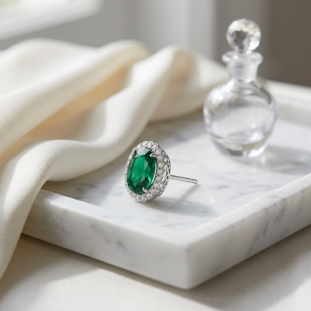 Created Emerald & Diamond Oval Halo Stud Earrings 1/5ctw in 14K White Gold - editorial hero
