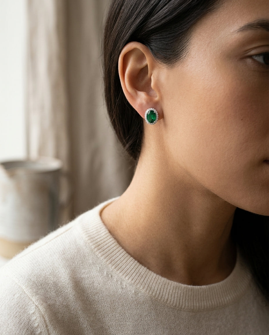 Created Emerald & Diamond Oval Halo Stud Earrings 1/5ctw in 14K White Gold - lifestyle