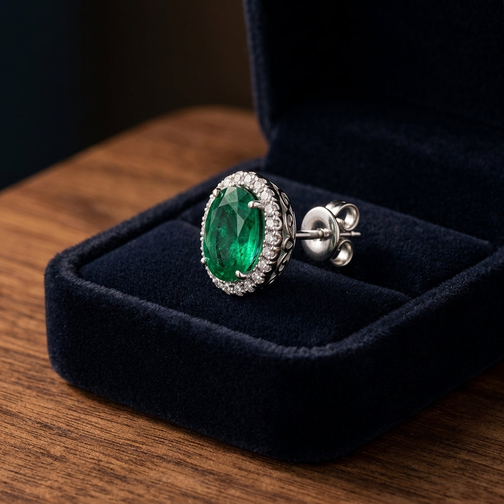 Created Emerald & Diamond Oval Halo Stud Earrings 1/5ctw in 14K White Gold - presentation