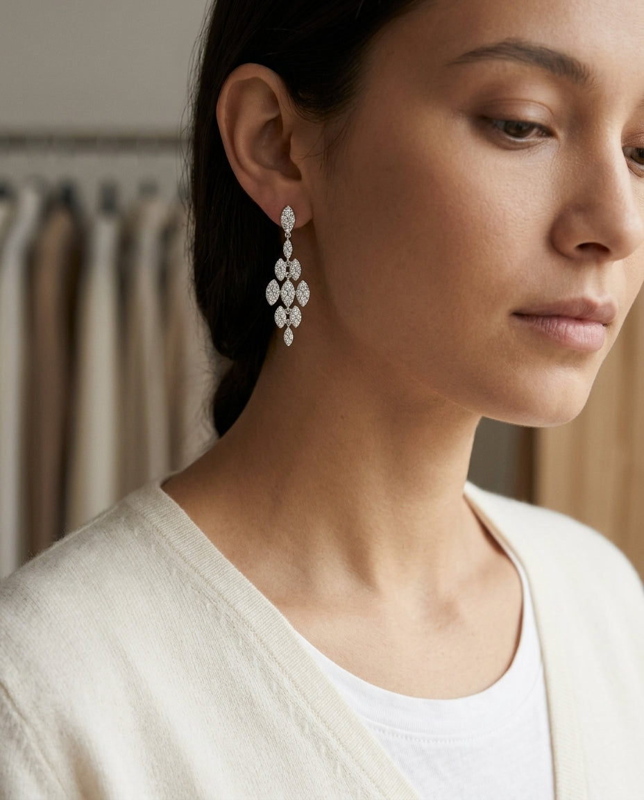 Diamond Chandelier Earrings in 14k White Gold 9/10ctw — editorial close-up