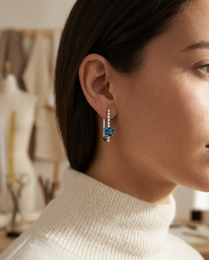 London Blue Topaz and Diamond Hinged Back Stick Earrings in 14k White Gold 1/4ctw — editorial close-up