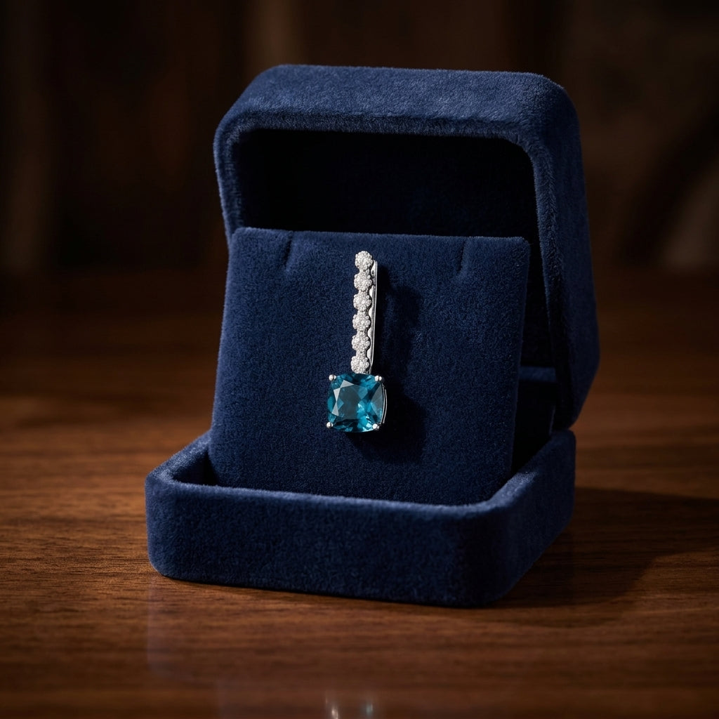 London Blue Topaz and Diamond Hinged Back Stick Earrings in 14k White Gold 1/4ctw — gift presentation