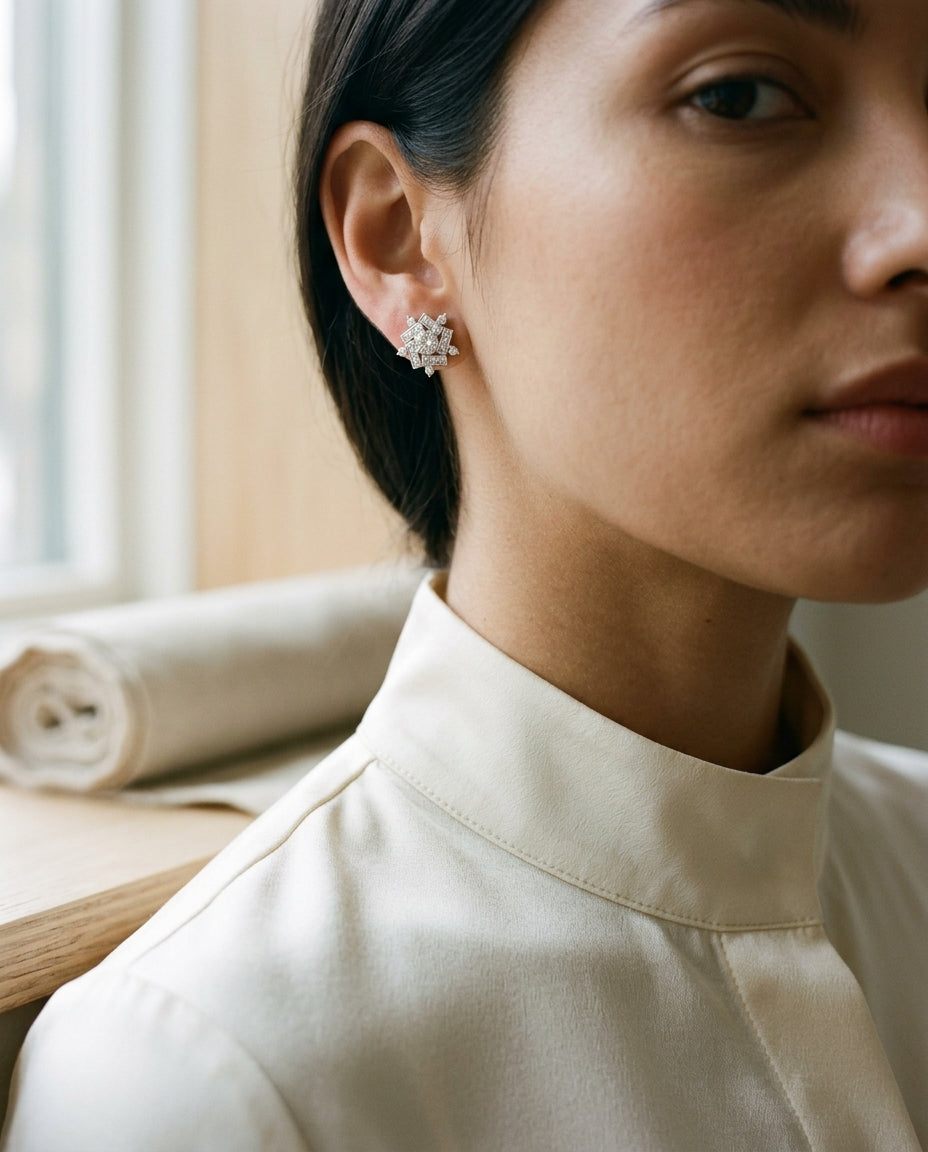 Diamond Floral-Inspired Cluster Stud Earrings in 14k White Gold 3/4ctw — editorial close-up