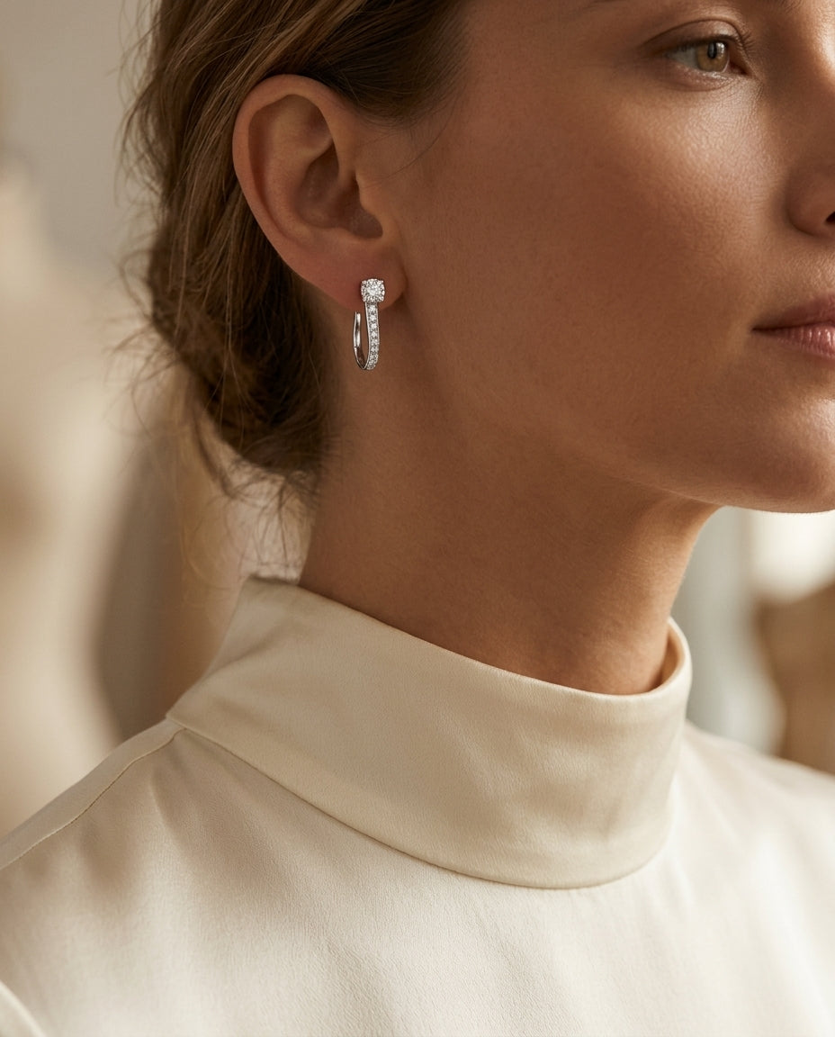 Diamond Hinged Back J Hoop Earrings in 14k White Gold 4/5ctw — editorial close-up