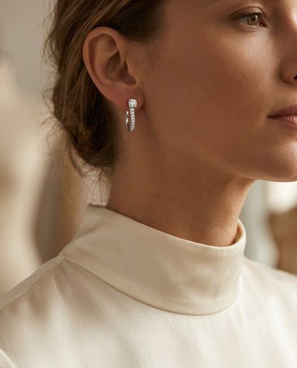 Diamond Hinged Back J Hoop Earrings in 14k White Gold 4/5ctw — editorial close-up