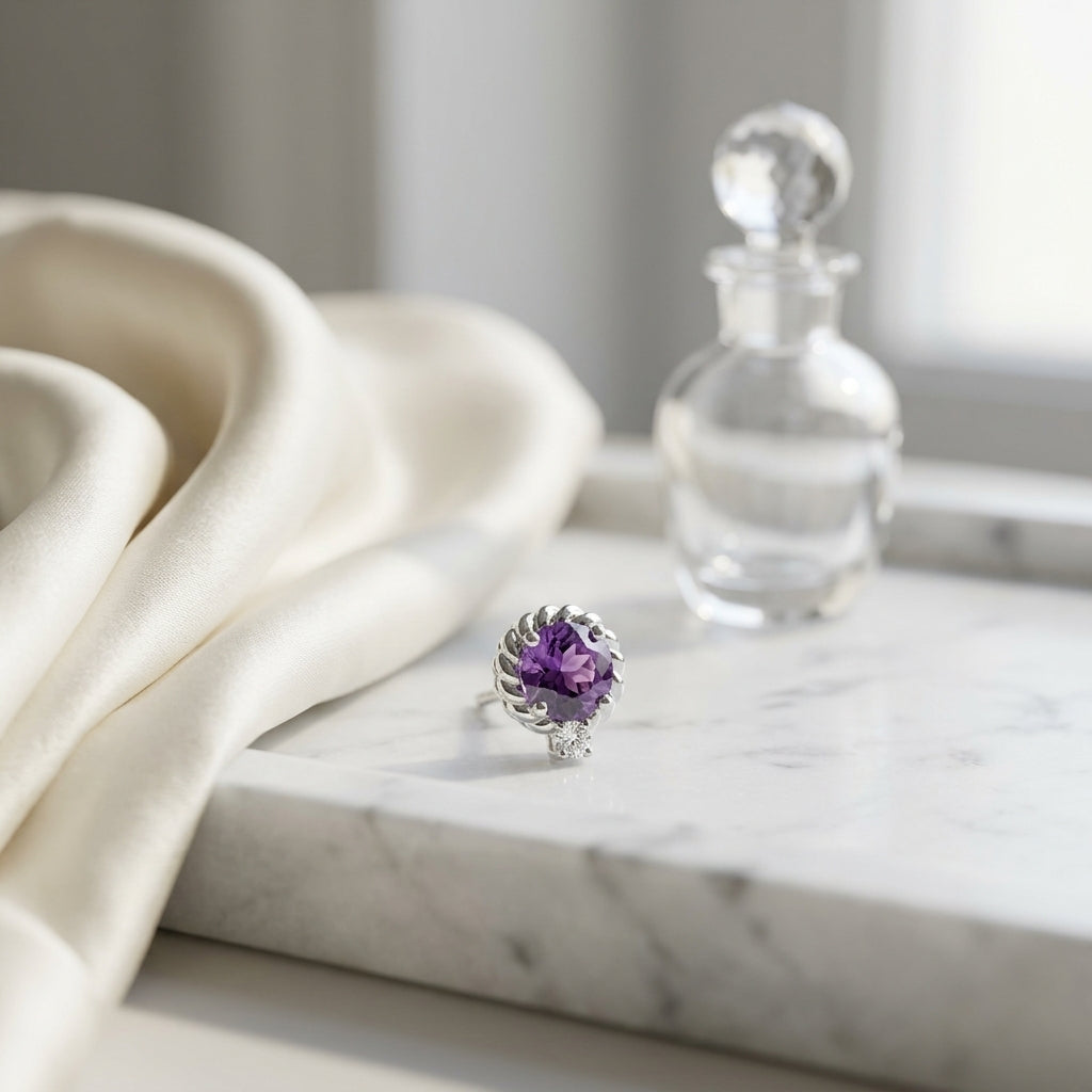 Amethyst and Diamond Ripple Edge Halo Stud Earrings in 14k White Gold 1/5ctw — atelier still life