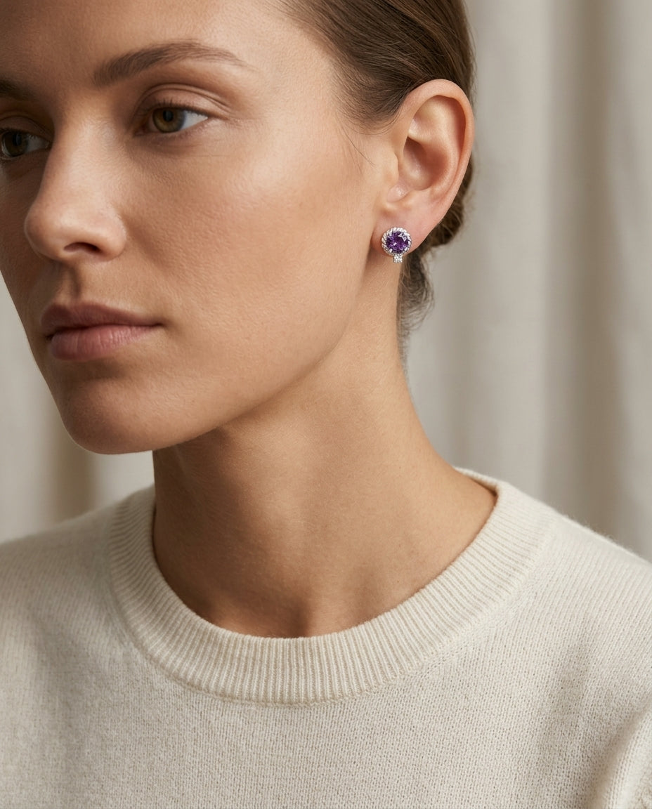Amethyst and Diamond Ripple Edge Halo Stud Earrings in 14k White Gold 1/5ctw — editorial close-up