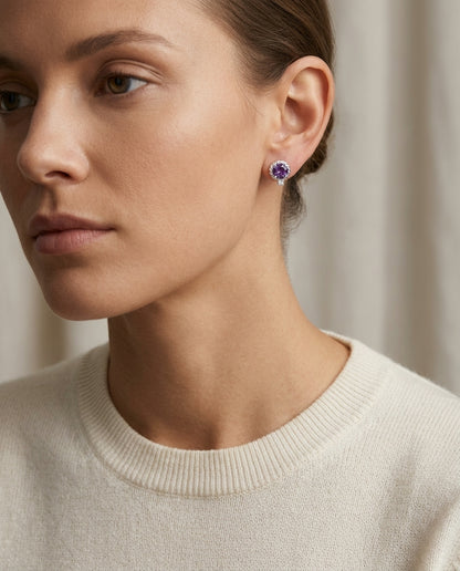 Amethyst and Diamond Ripple Edge Halo Stud Earrings in 14k White Gold 1/5ctw — editorial close-up