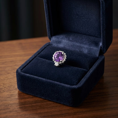 Amethyst and Diamond Ripple Edge Halo Stud Earrings in 14k White Gold 1/5ctw — gift presentation