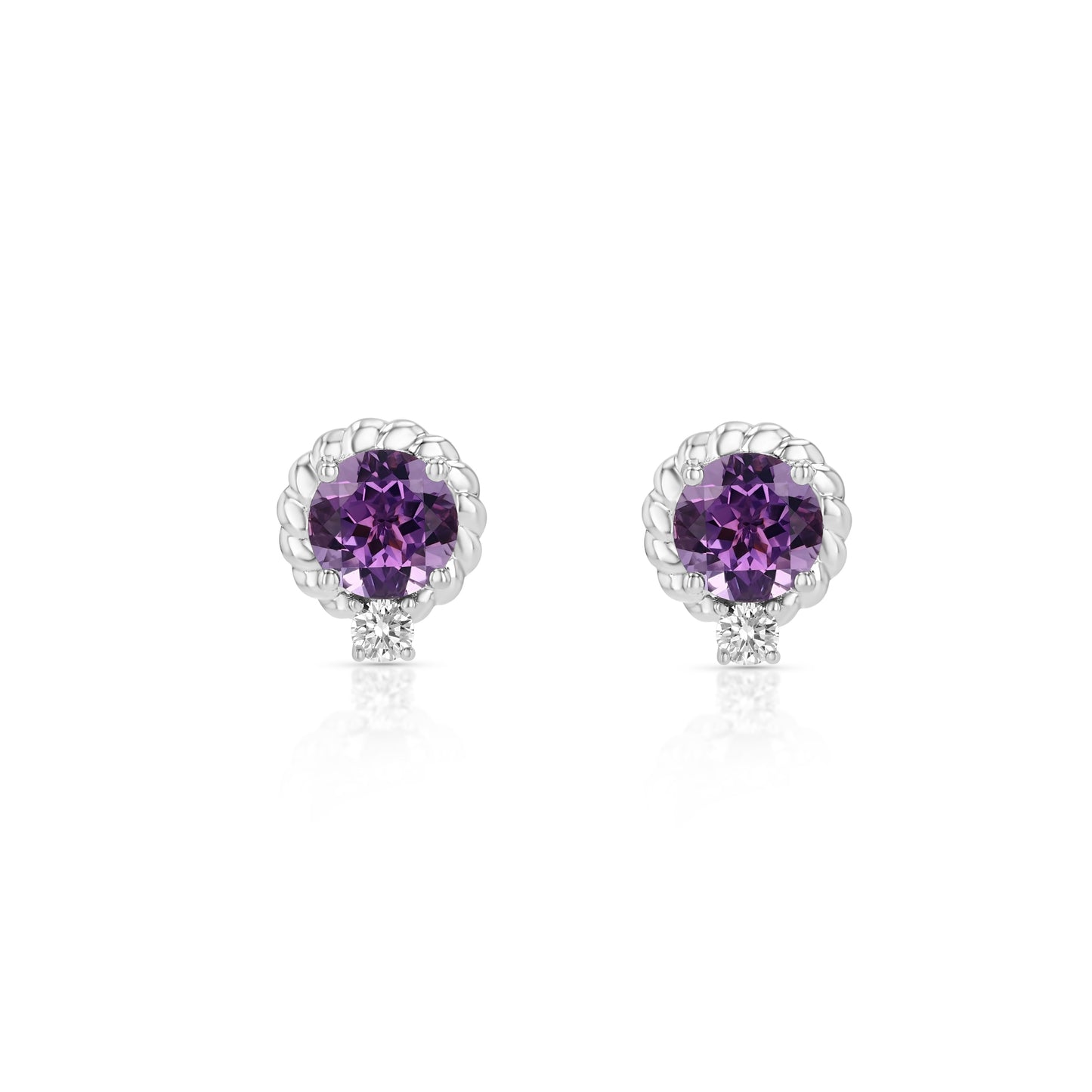 Amethyst and Diamond Ripple Edge Halo Stud Earrings in 14k White Gold 1/5ctw