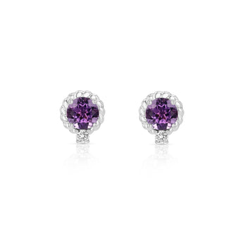 Amethyst and Diamond Ripple Edge Halo Stud Earrings in 14k White Gold 1/5ctw