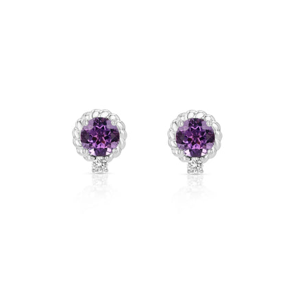 Amethyst and Diamond Ripple Edge Halo Stud Earrings in 14k White Gold 1/5ctw