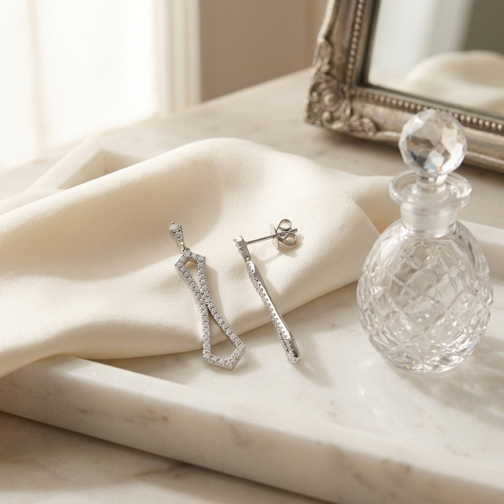 Diamond Dangle Motif Earrings in 14k White Gold 3/4ctw — marble silk