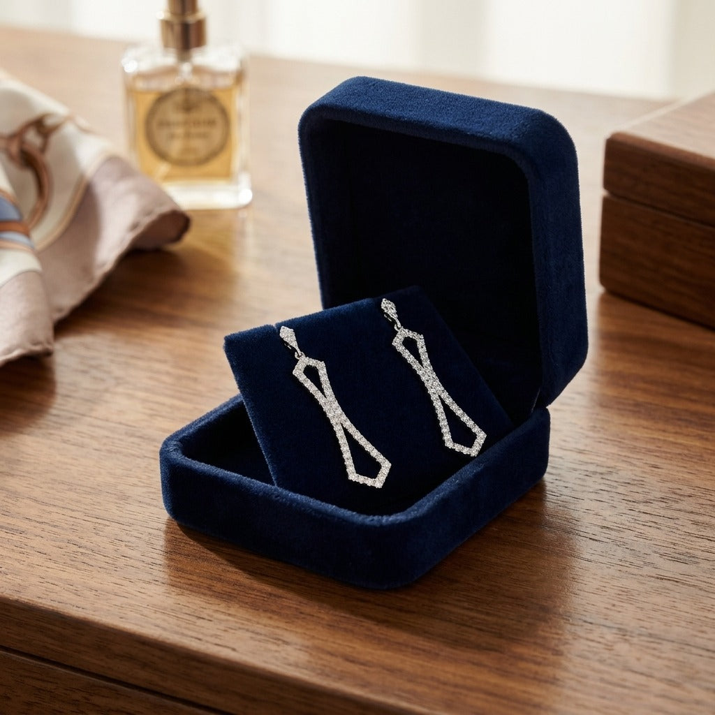 Diamond Dangle Motif Earrings in 14k White Gold 3/4ctw — velvet box