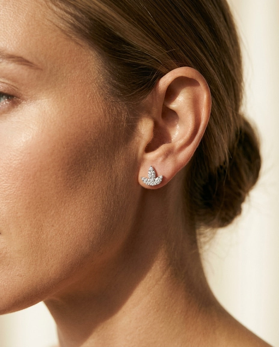 Diamond Floral Tulip Stud Earrings in 14k White Gold 2/3ctw — portrait close