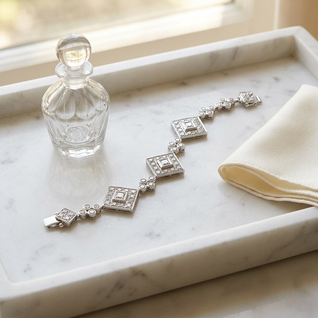 Diamond Geometric and Circle Bracelet in 14k White Gold — marble silk