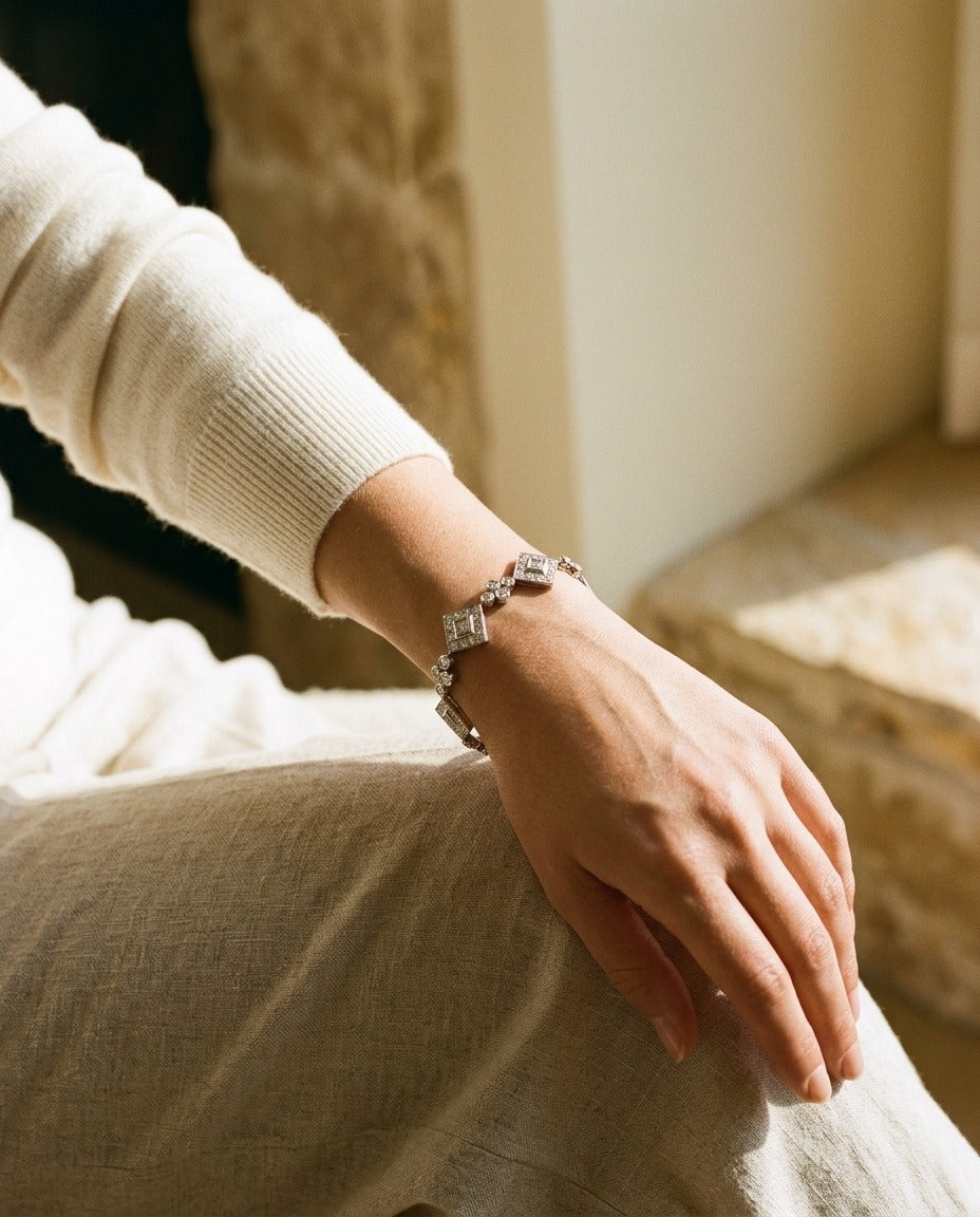 Diamond Geometric and Circle Bracelet in 14k White Gold — portrait close