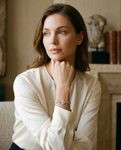 Diamond Geometric and Circle Bracelet in 14k White Gold — portrait full