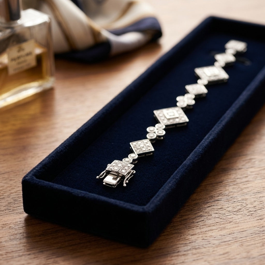 Diamond Geometric and Circle Bracelet in 14k White Gold — velvet box