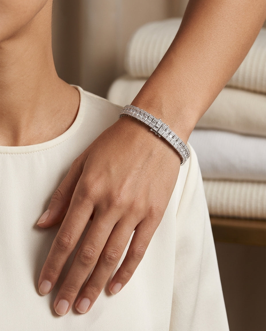 Princess And Round Cz Channel Bracelet In 14k White Gold — editorial close-up
