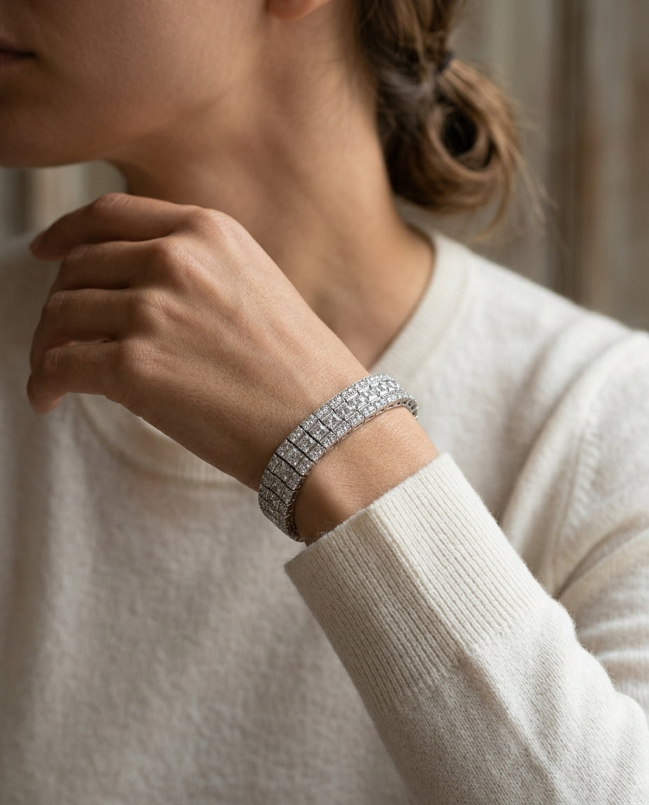 Princess And Round Diamond Tennis Bracelet In 14k White Gold (7 1/2 Ct. Tw.) — editorial close-up