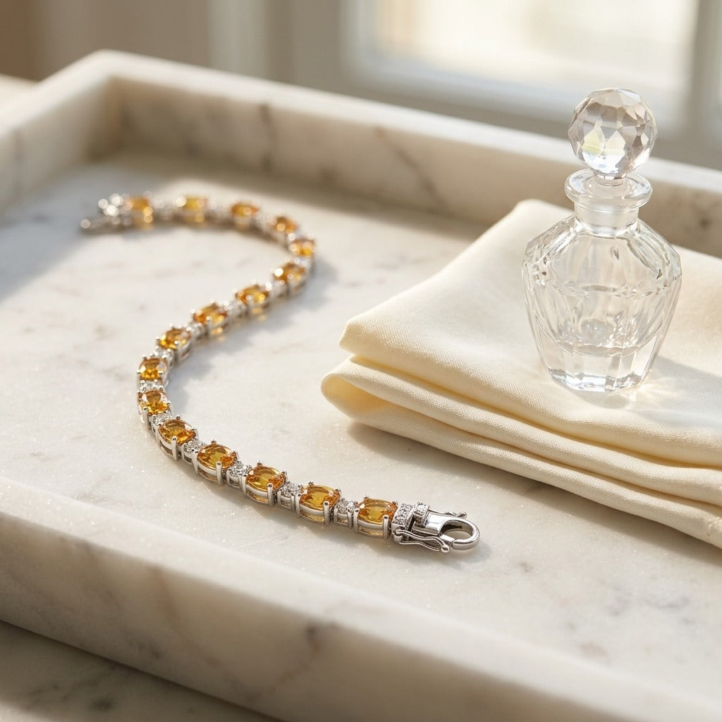 Citrine and Diamond Oval Bracelet with Round Prong Links in 14k White Gold (6x4mm) — marble silk