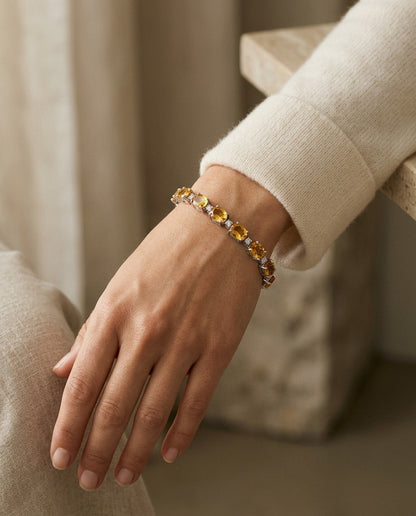 Citrine and Diamond Oval Bracelet with Round Prong Links in 14k White Gold (6x4mm) — portrait close