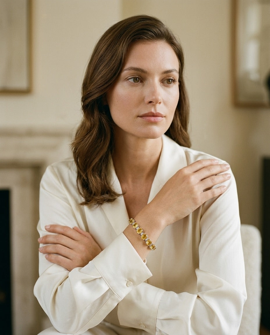 Citrine and Diamond Oval Bracelet with Round Prong Links in 14k White Gold (6x4mm) — portrait full