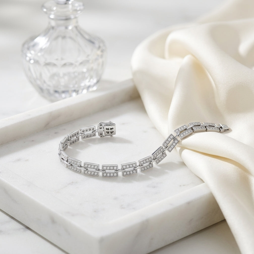 Diamond Pave Rectangle Link Bracelet In 14k White Gold (7.5 Inch) — atelier still life