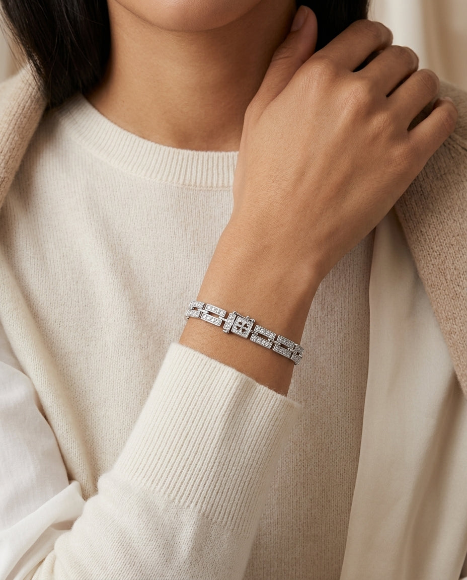 Diamond Pave Rectangle Link Bracelet In 14k White Gold (7.5 Inch) — editorial close-up