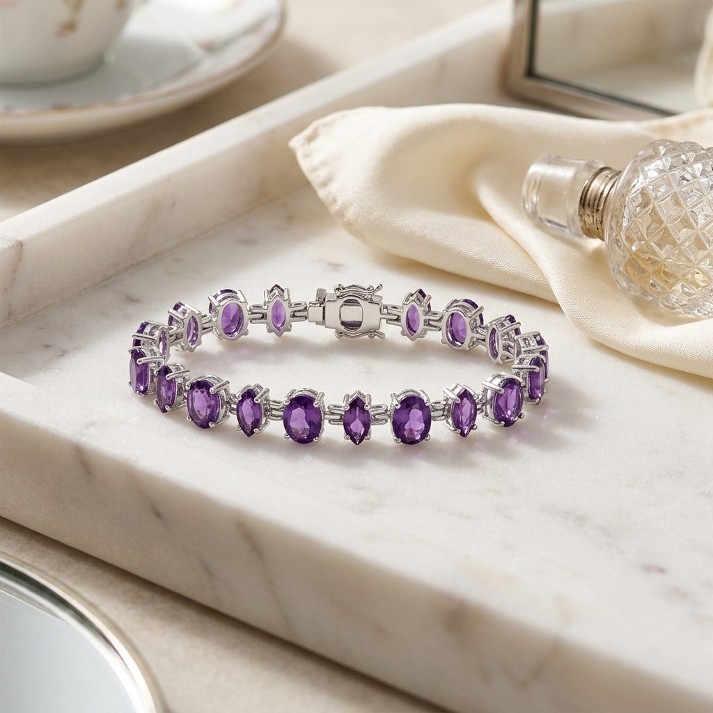 Amethyst Alternating Marquise And Oval Link Bracelet In 14k White Gold — marble silk