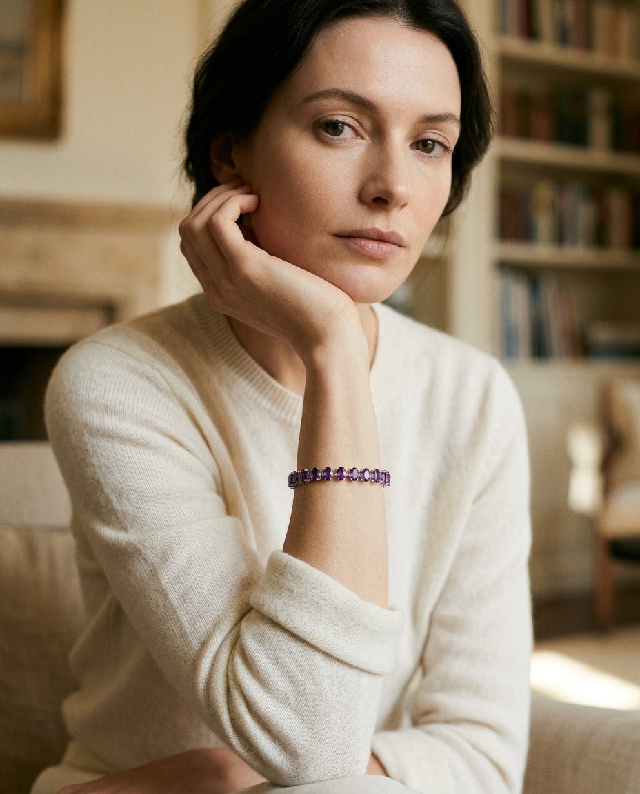 Amethyst Alternating Marquise And Oval Link Bracelet In 14k White Gold — portrait full