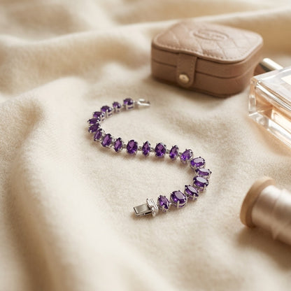 Amethyst Alternating Marquise And Oval Link Bracelet In 14k White Gold — textile flat lay