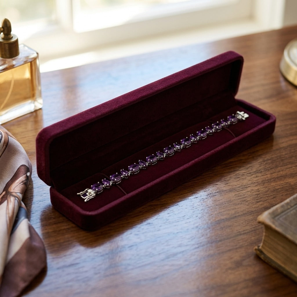 Amethyst Alternating Marquise And Oval Link Bracelet In 14k White Gold — velvet box